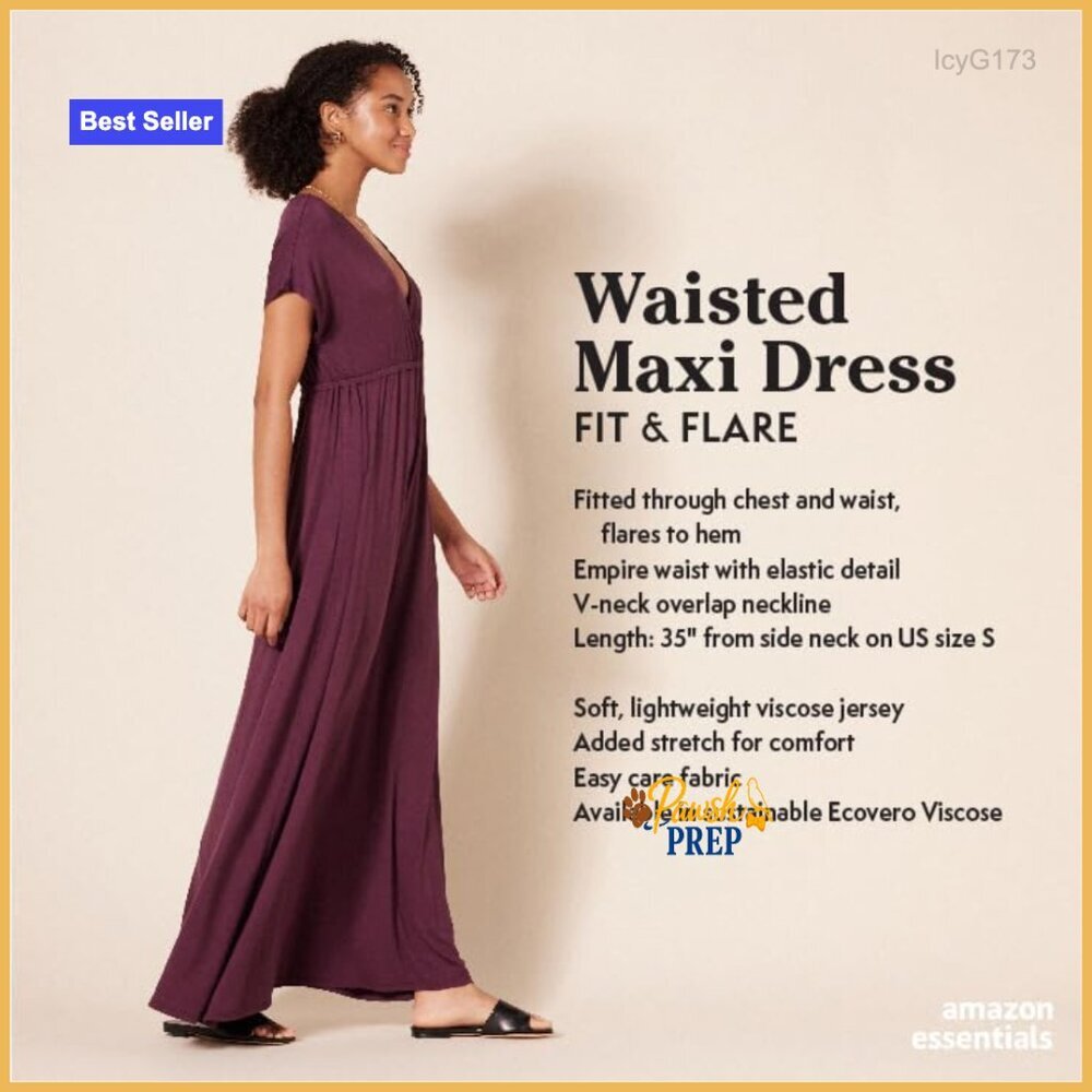 V-Neck Short Sleeve Waisted Maxi Dress Fit & Flare Rayon Stretch Jersey - Picture 2 of 7